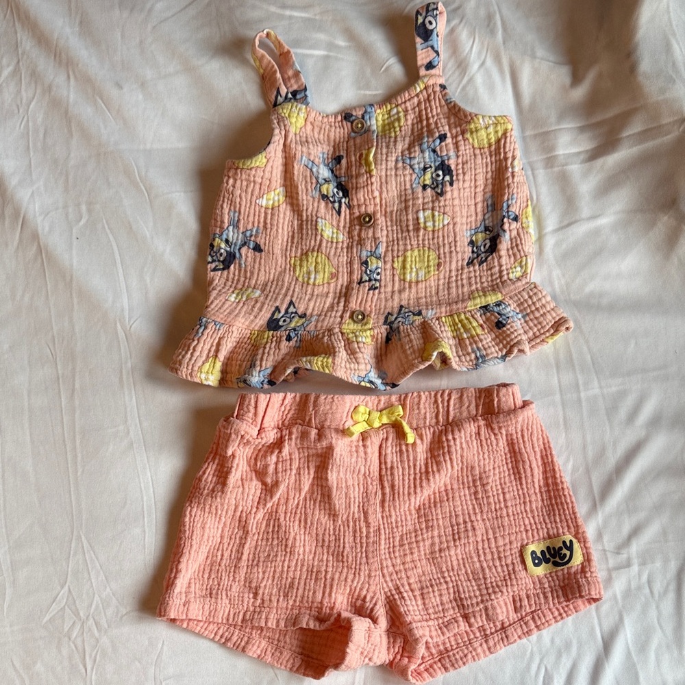 Peach Muslin Tank & Shorts Set with Yellow Accents